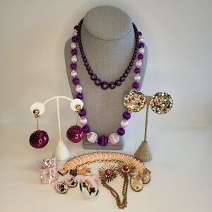 VTG Mid Century 11 Piece Jewelry Lot Pink Purple Plastics Lucite Moonglow Hand